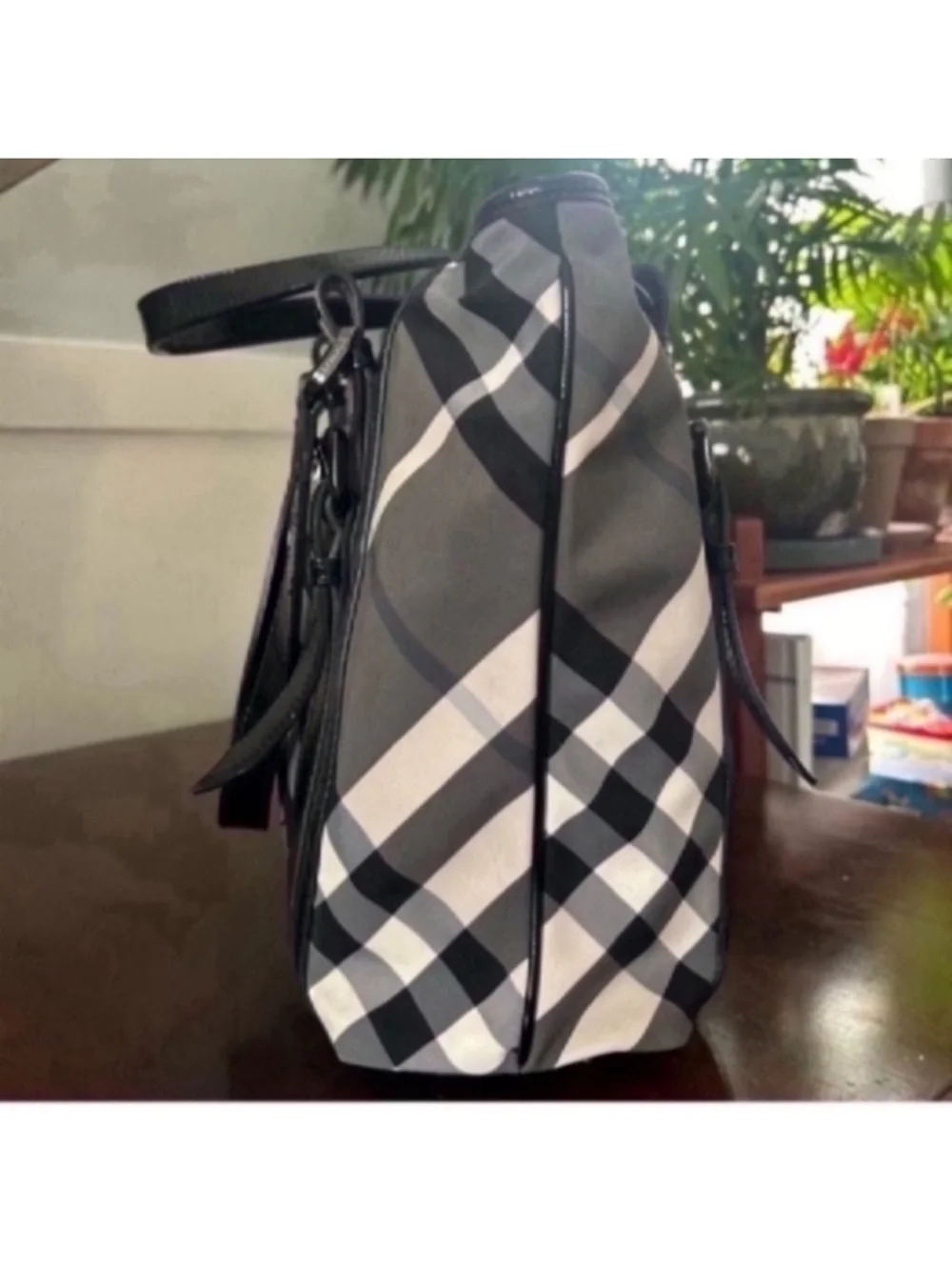 Burberry Black and Gray Plaid Messenger Tote with Patent Trim - Picture 7 of 13